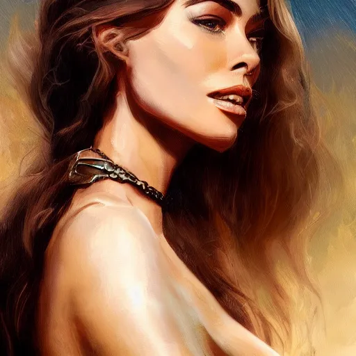 Image similar to a matte painting of sofia vergara wild west woman, oil painting, pale colors, high detail, 8 k, wide angle, trending on artstation,