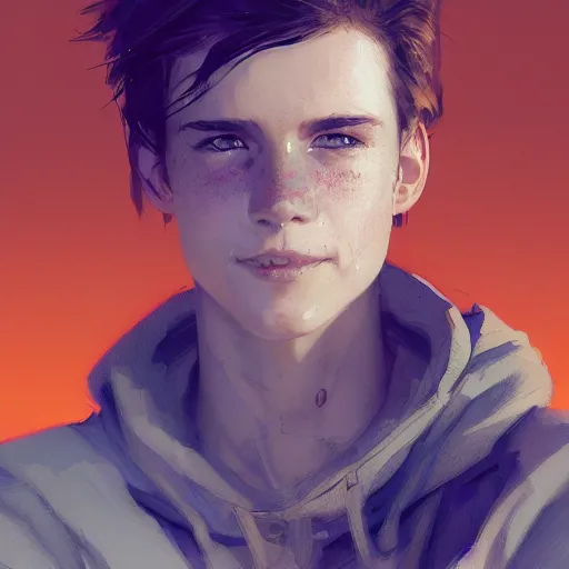 Image similar to portrait of a very masculine teenage girl with blue eyes and brown hair, short men's haircut, smiling, wearing an oversized sweater, dramatic lighting, illustration by Greg rutkowski, yoji shinkawa, 4k, digital art, concept art, trending on artstation