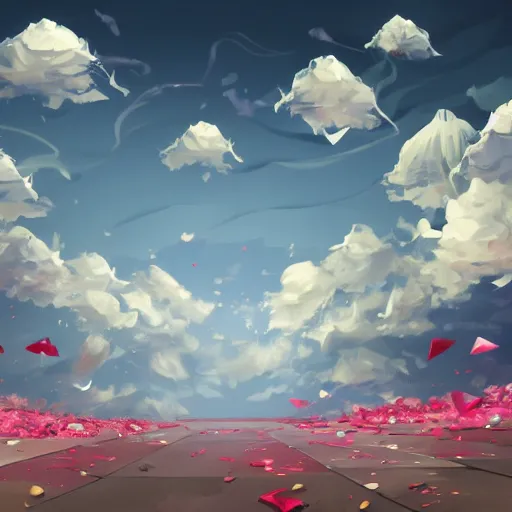 Prompt: background art of spaciously scattered longswords flowing and floating through the blowing swirling directional wind from left to right on a simple cloudy sky background, big puffy clouds, large individual rose petals, angular background elements, polygonal fragments, anime, artgerm, manga, trending on artstation, art nouveau, mature color scheme