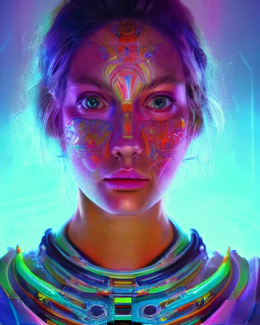 Prompt: colorful portrait of a female hippie with cybernetics, but set in the future 2 1 5 0 | highly detailed | very intricate | symmetrical | professional model | cinematic lighting | award - winning | painted by mandy jurgens | pan futurism, dystopian, bold psychedelic colors, cyberpunk, anime aesthestic | featured on artstation