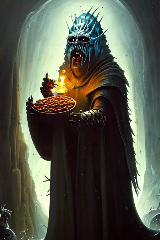 Image similar to hieronymus bosch, greg rutkowski, anna podedworna, painting of arthas menethil the lich king eating baked beans