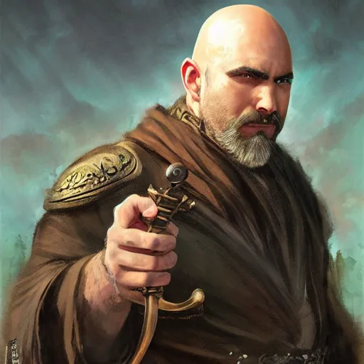 Prompt: well - groomed burly bard, thick goatee, bald, thoughtful expression, holding a gong, fantasy character portrait by greg rutkowski, gaston bussiere, craig mullins