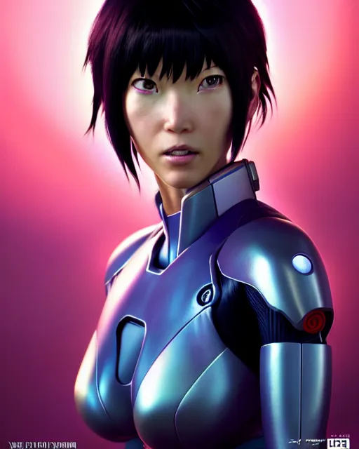 Image similar to weta disney pixar movie still portrait photo of motoko kusanagi ghost in the shell : : as cyborg woman by pixar : : by weta, wlop, ilya kuvshinov, rossdraws, artgerm, marvel, maxim cover, latex, octane render, sweaty, iridescent, bright morning, anime, liosh, mucha : :