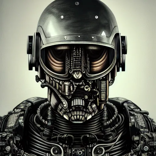 Prompt: ultra realistic, intricate detailed, painting of a single rugged cyborg male in helmet, helmet in form of star, bearded face, cyborg tech on body, symmetry accurate features, cyberpunk, industrial, very intricate details, focus, high resolution, 4 k, artstyle h. r. giger and hiraku tanaka