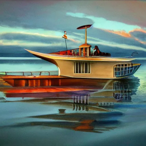 Prompt: artdeco river boat in the deep south, evening sun, intense lighting, hyper realistic,