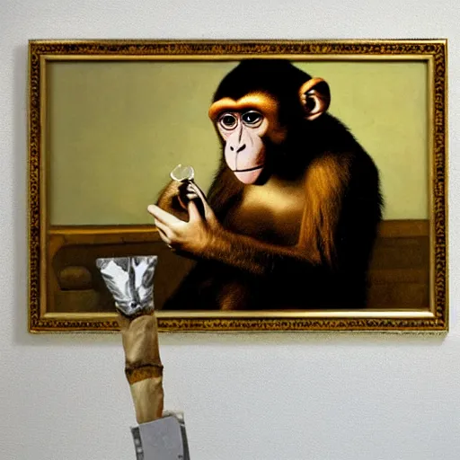 Prompt: Monkey smoking!!!!!!!! a Cuban cigar, oil on canvas, by Johannes Vermeer