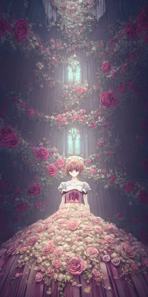 Image similar to the beautiful hyper detailed of a rose wedding gothic lolita dress clothing design display in exhibition hall, exhibition hall lighting, in the style of makoto shinkai victo ngai and peter mohrbacher studio ghibli artgerm karol bak beeple, animation style, 8 k hd, dream, animation style, 3 drender, hyperdetailed