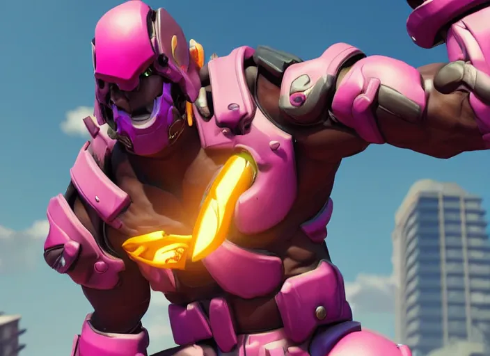 Prompt: doomfist, pink suit, overwatch game, digital art, high detailed, artstation, octane render