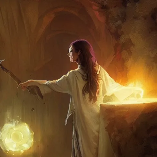 Image similar to A young female wizard, successfully casting her first spell, fantasy art by Greg Rutkowski