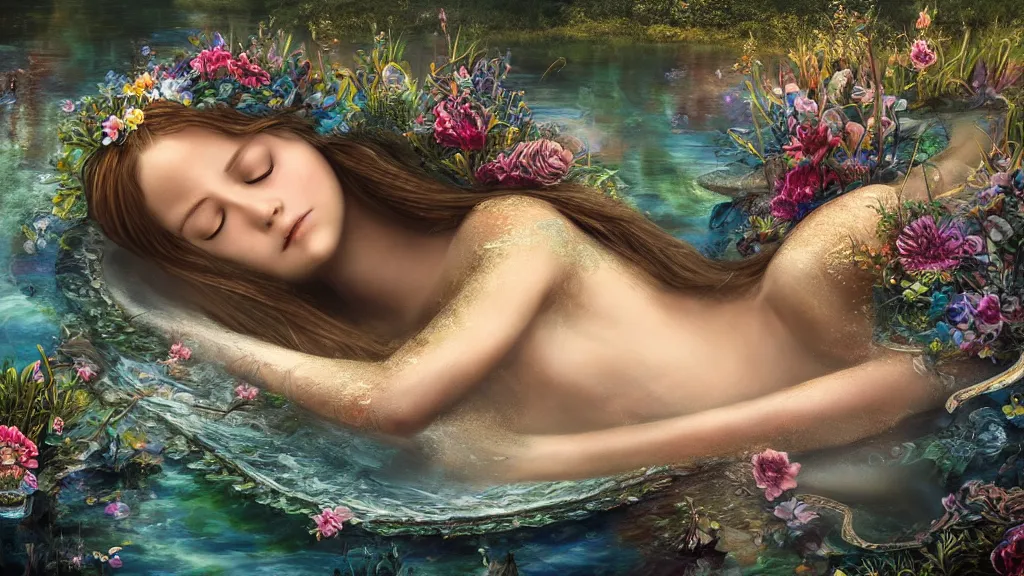 Prompt: prompt: one beautiful girl sleeping in the lake with shining face in high detailed 3d octane render, detailed realistic face, Ophelia painting inspired, intricate detailed oil painting, alchemical artifacts and hieroglyphs, magical items, gnarly paint marks