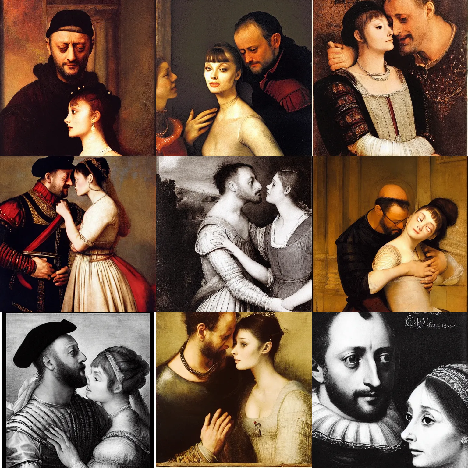 Prompt: In the 15th century Romeo (Jean Reno) and Juliet (Audrey Hepburn), are looking at each other romantically. tragic, ((restrained)), lumnious, ((stage lights)), 18th theater poster by Rembrandt