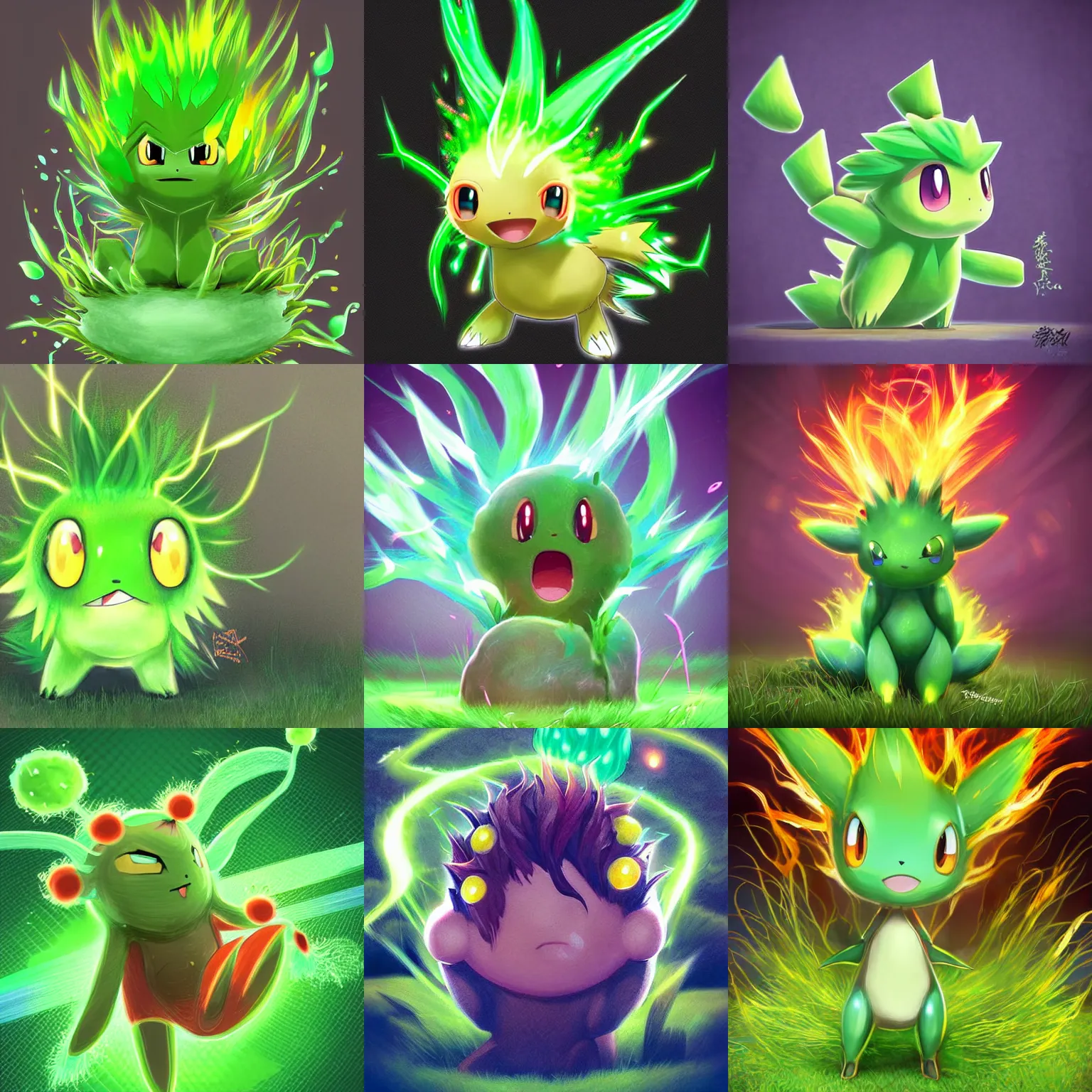 Prompt: a cute little grass type pokemon, green fire bursting out of his hair, highly detailed digital art, 3 d perspective, award - winning illustration, aesthetic, pokemon style, made by yuka morii