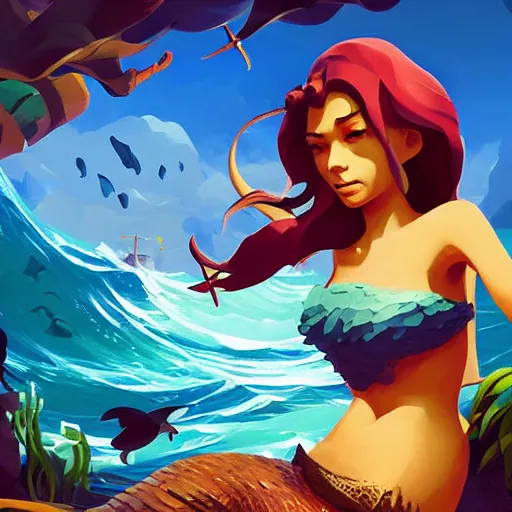 Image similar to painting mermaid treasure on sea of thieves game avatar hero smooth face median photoshop filter cutout vector, behance hd by jesper ejsing, by rhads, makoto shinkai and lois van baarle, ilya kuvshinov, rossdraws global illumination