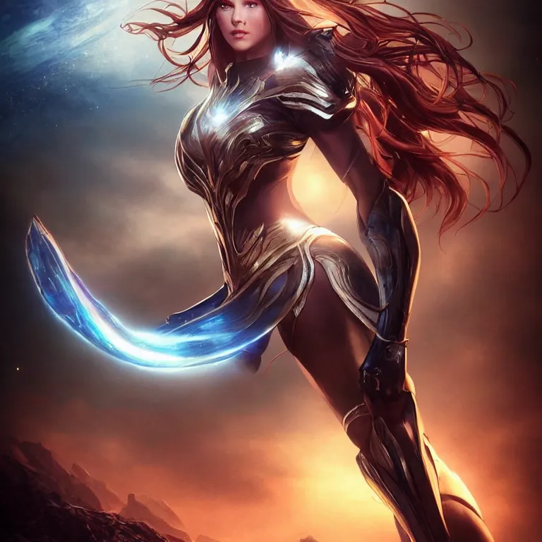 Image similar to beautiful cinematic fantasy poster, a beautiful girl in a superhero suit, beautiful glowing galaxy eyes, wideshot ultrawide angle epic scale, hybrid from The Elden Ring and art direction by Darius Zawadzki ;by artgerm; wayne reynolds art station; cinematic quality character render, beautiful dynamic pose; low angle; ultra high quality model; production quality cinema model;