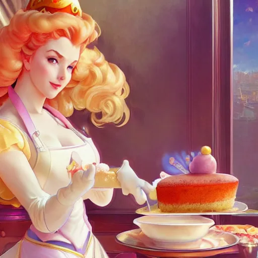 Image similar to princess peach baking a cake while that one weird computer mainframe watches her, art by artgerm and greg rutkowski and alphonse mucha