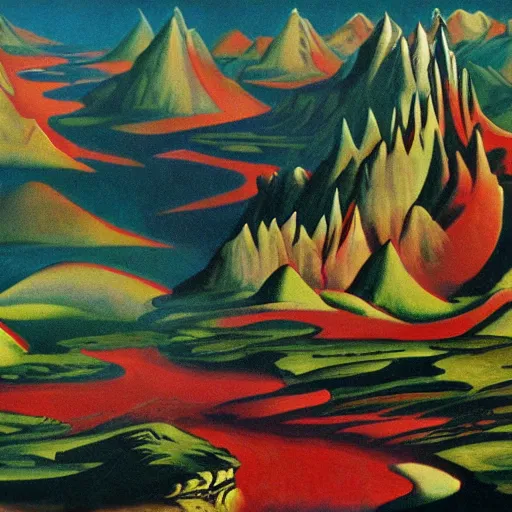 Prompt: intricate sharp spikes riddle this puzzling landscape, painterly fantasia ( 1 9 4 1 )