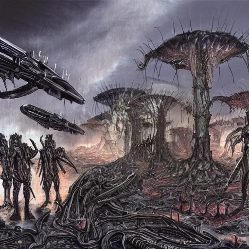 Prompt: an alien attacks and kills a small group of soldiers in a city landscape by H. G. Wells and H.R. Giger, fantasy, bloody, highly detailed, concept art