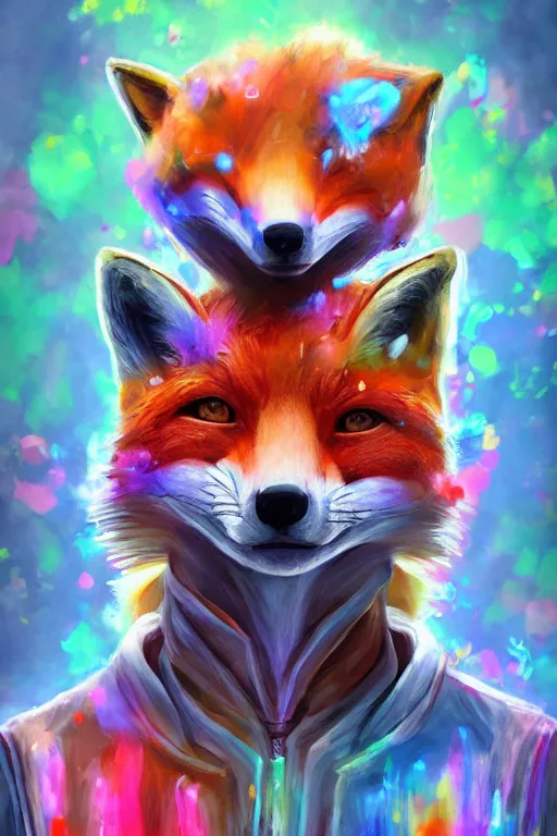 Image similar to a humanoid fox wearing scientist's clothes and doing experiments with colorful chemicals, digital painting, masterpiece, digital art, high quality, highly detailed, concept art, trending on deviantart, high coherence, anatomically correct, five fingers, cinematic, high definition, path traced