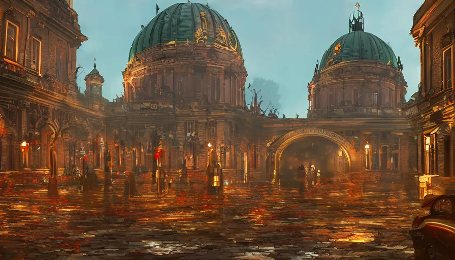 Prompt: 1 9 4 3 berlin with german red glass domes in the city, green alley, square with golden statues, hyperdetailed, artstation, cgsociety, 8 k