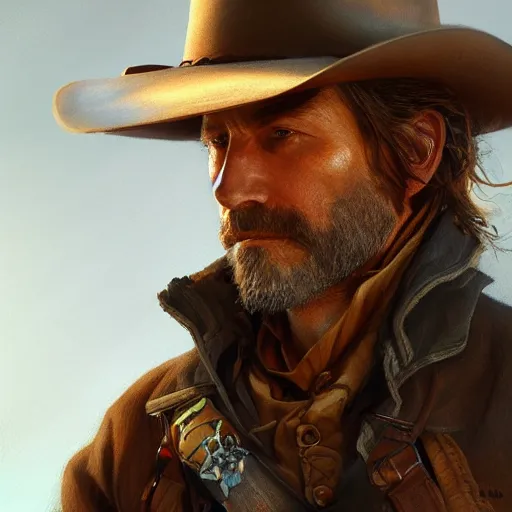 Prompt: old west outlaw, sharp focus, intricate, elegant, digital painting, artstation, matte, highly detailed, concept art, illustration, volumetric lighting, bokeh light, art by greg olsen and liz lemon swindle