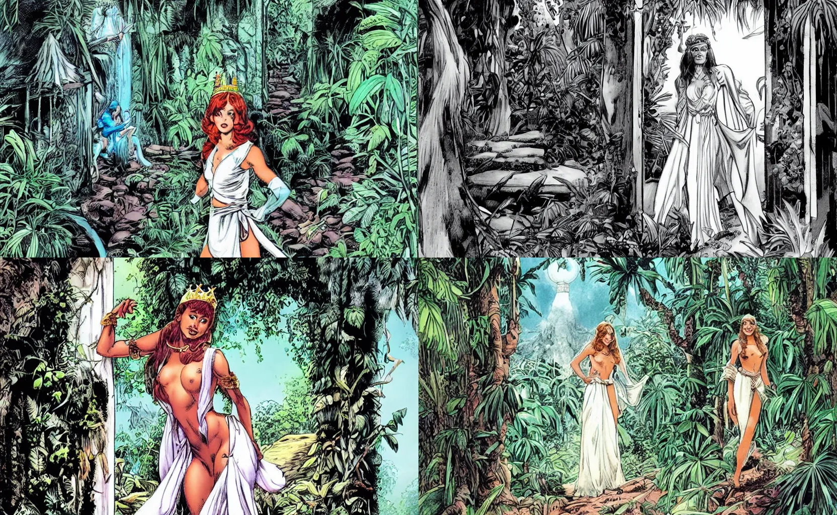 Prompt: A beautiful jungle princess wearing white robes stands in a doorway looking out over a fantastical city, neal adams