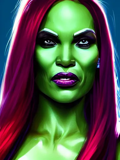 Prompt: gamora from guardians of the galaxy, happy, sexy, portrait, digital painting, elegant, beautiful, highly detailed, artstation, concept art