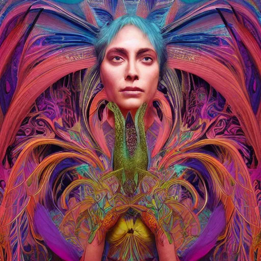 Image similar to A reality bending psychedelic ayahuasca experience, colorful, distorted, surreal, tropical bird feathers, dramatic lighting on the face, intricate, elegant, highly detailed, digital painting, concept art, smooth, sharp focus, illustration, art by Krenz Cushart and Wayne Barlowe and alphonse mucha