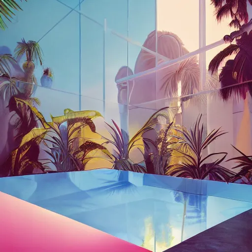 Image similar to indoor liminal space, golden light, peter tarka, palm trees, pink door, minimalistic, hyperrealistic surrealism, award winning masterpiece with incredible details, epic stunning, infinity pool mirrors, a surreal vaporwave liminal space with mirrors, highly detailed, trending on artstation, artgerm and greg rutkowski and alphonse mucha, daily deviation