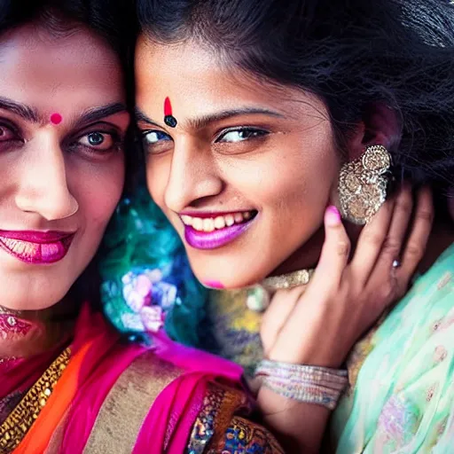 Image similar to unbelievably beautiful, perfect, dynamic, epic, cinematic 8K HD movie shot of two semi-close-up Indian women beautiful expressing joy and posing together. By oscar winning director. Motion, VFX, Inspirational arthouse, high budget, hollywood style, at Behance, at Netflix, with Instagram filters, Photoshop, Adobe Lightroom, Adobe After Effects, taken with polaroid kodak portra