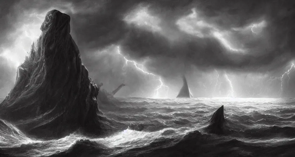 Prompt: black lovecraftian eldritch!! obsidian obelisk!! on a snowy island surrounded by raging stormy seas, with a large shadow of a creature in the background by eugene von guerard, ivan shishkin, night, red lightning!!, storm!, dramatic lighting, concept art, trending on artstation, 8 k