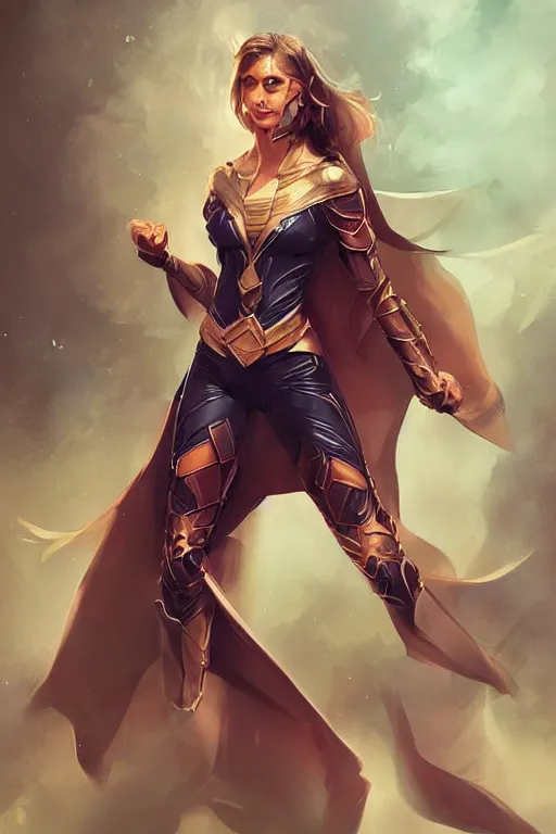 Image similar to three quarters portrait of a beautiful woman,super hero costume,heroic pose,highly detailed, digital painting,illustration, art by Stanley Lau