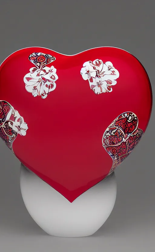 Image similar to a vase in the shape of a heart with red accents designed by versace, with some flowers