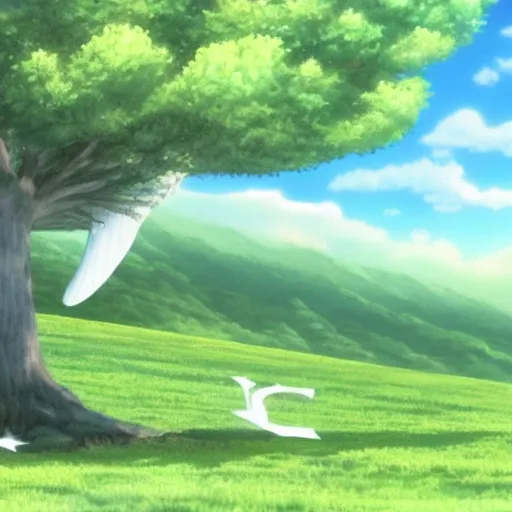 Image similar to white whale flying near giant tree in the green field, anime, HD,