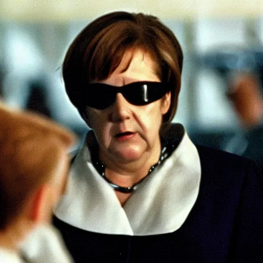 Prompt: Angela Merkel as Neo or Morpheus, in the movie The matrix, 1999. Cinematic. Movie footage.
