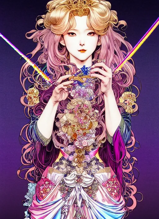 Image similar to highly detailed ayami kojima artgerm terada katsuya artstation manga poster of princess mechine, rainbow gradient reflection, long hair, armor, dress, laces, ruffles, 8 k, maximalist,, jump comics, tomer hanuka, alphonse mucha