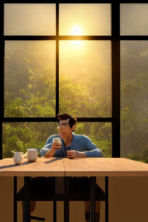 Image similar to a man sitting on a café table mext to a window and holding a cup of coffee at sunset, Pixar style, black hair, 4K, cartoon, concept art, octane render, unreal engine 5, path tracing, complementary colours, serene scene, warm, cute, natural lighting, high quality, highly detailed, high coherence, defined face, five fingers, anatomically correct, soft lighting, close view, digital art, trending on DeviantArt