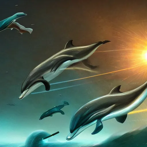 Prompt: dolphins shooting lasers, fantasy, detailed, high quality, artstation