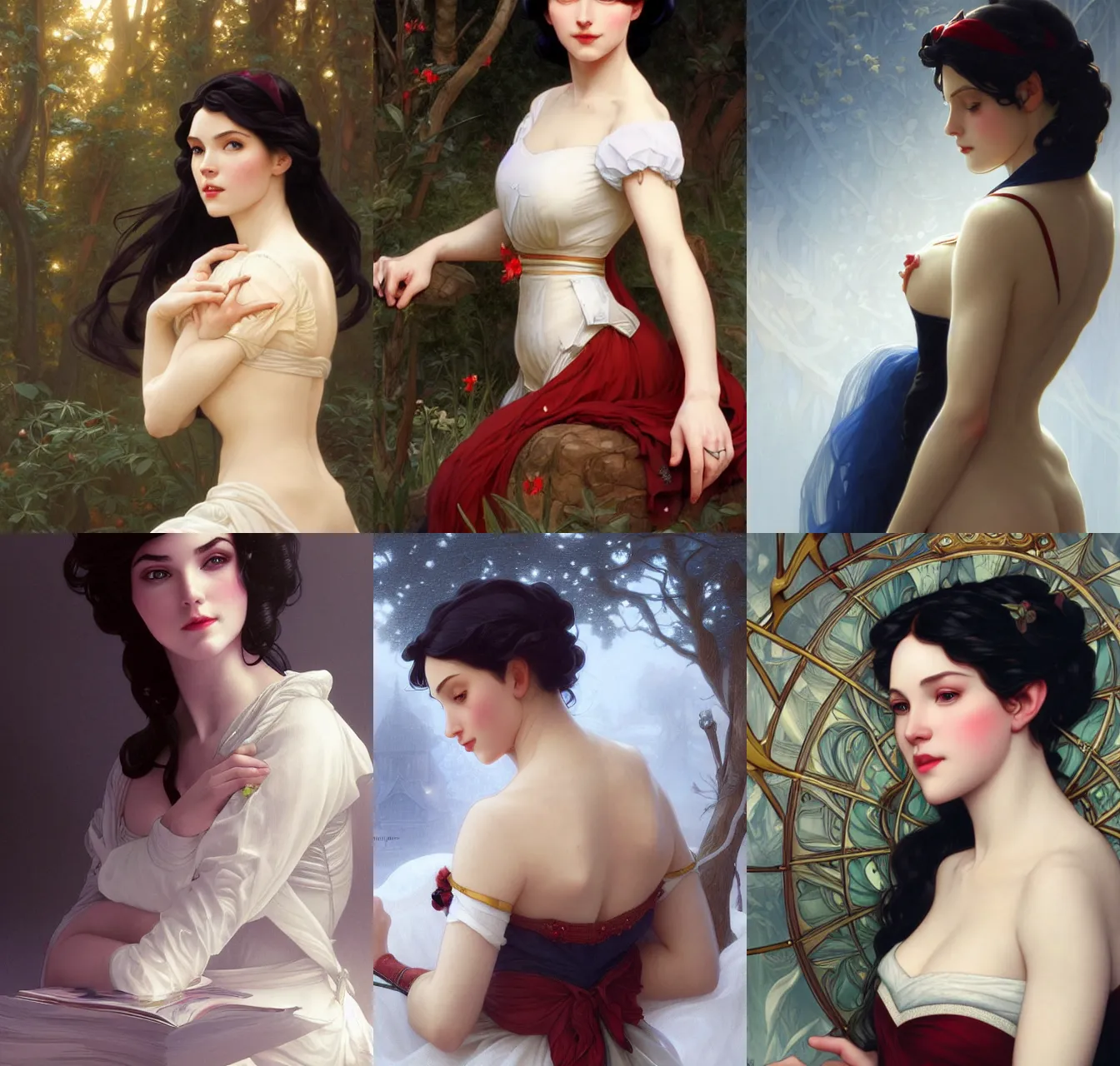 Prompt: snow white, sexy, intricate, elegant, highly detailed, digital painting, artstation, concept art, smooth, sharp focus, illustration, art by artgerm and greg rutkowski and alphonse mucha and william - adolphe bouguereau