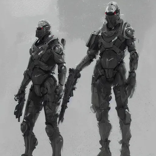 Image similar to concept art by greg rutkowski, soldiers wearing futuristic white and black tactical gear, preparing for combat, brutalist futuristic interior, dim lighting, detailed portraits, nostalgic atmosphere, scifi, digital painting, artstation, concept art, smooth, sharp foccus ilustration, artstation hq