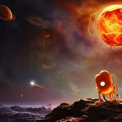 Image similar to eldritch horror bloody garfield in space, hd, 8 k, giant, epic, realistic photo, unreal engine, stars, prophecy, powerful, cinematic lighting, destroyed planet, debris, violent, sinister, ray tracing, dynamic, epic composition, dark, horrific, teeth, grotesque, monochrome drawing, hellscape