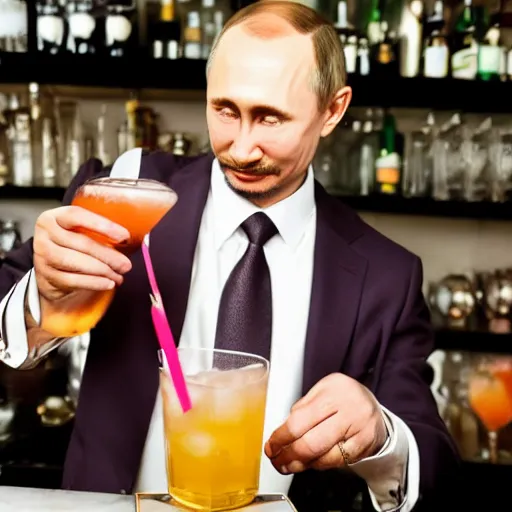 Prompt: a bartender having an epiphany while cocktail shaking a drink that will be known as a pink Putin