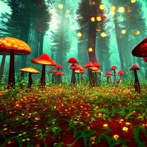 Prompt: a forest of magic mushrooms, trending on artststion, by unreal engine. hyperdetailed, realistic, psychedelic, night