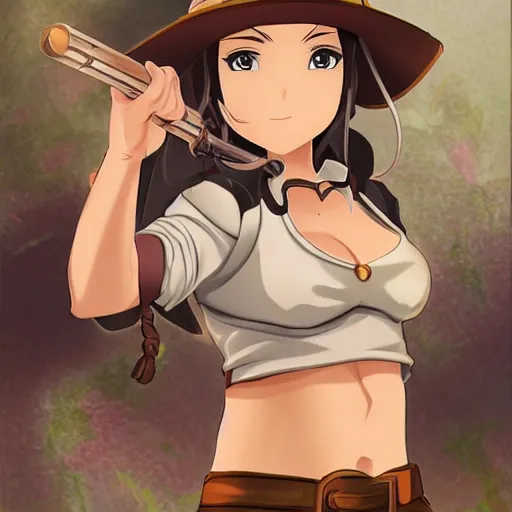 Prompt: indiana jones anime girl portrait, full body