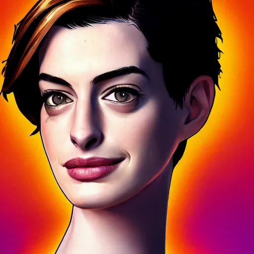 Image similar to anne hathaway portrait, borderlands, tales from the borderlands, the wolf among us, comic, cinematic lighting, studio quality, 8 k