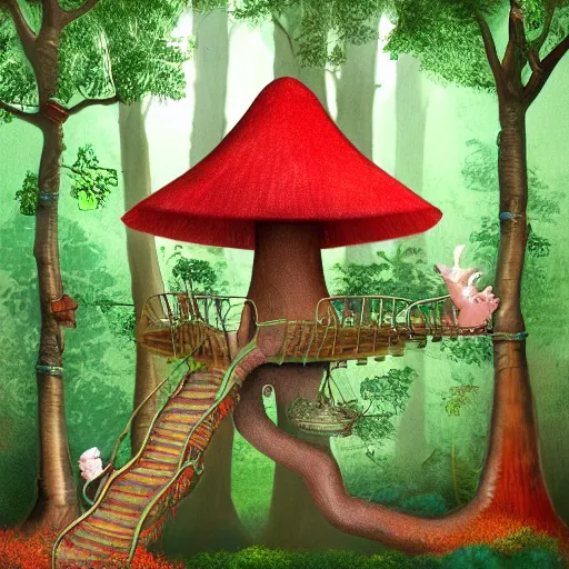 Prompt: a gnome treehouse surrounded by trees and red mushrooms with a deer digital art