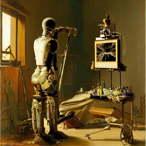 Image similar to robot artist painting a self - portrait on a canvas. intricate, highly detailed, photorealistic, film still, by carl spitzweg.