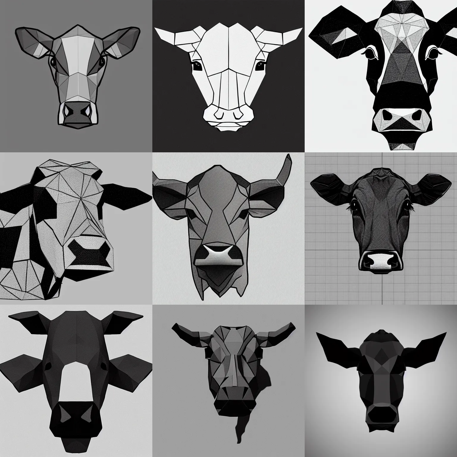 Prompt: a cow head, low poly, black on white, connecting lines, line art