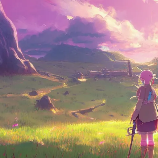 Image similar to pastel landscape of an anime field. clean sharp digital art, environment concept art, by rossdraws, ghibli, breath of the wild, greg rutkowski