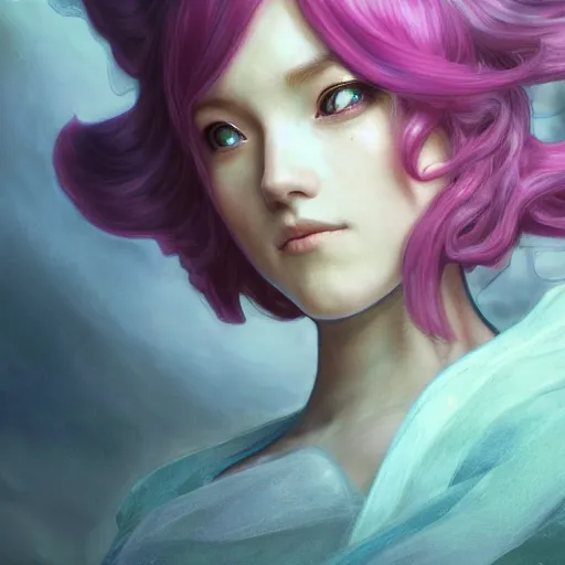 Image similar to VI from League of Legends with short pink hair drawn by Donato Giancola and Makoto Shinkai, Edmund Leighton, Alphonse Mucha, background by James Jean and Gustav Klimt, 4k, Arcane animated Series, porcelain skin, volumetric lighting, komorebi, french nouveau, trending on artstation, octane render, hyperrealistic