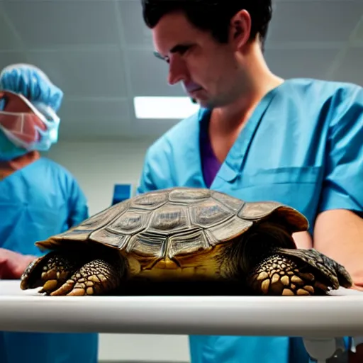 Image similar to doctor examining a tortoise under operating room lights, closeup wide angle